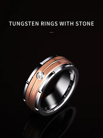 New Arrival Rose-Gold Plating Brushed Finishing with Cubic Zirconia Stone Tungsten Wedding Rings for Men and Women - The Jewellery Supermarket